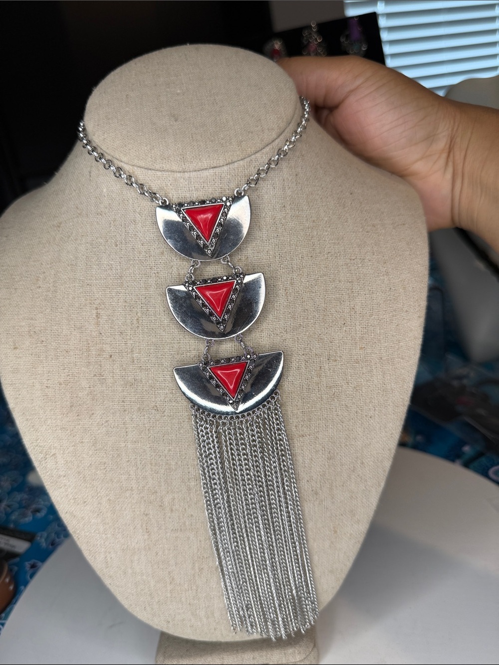 paparazzi Silver-Tone Necklace with Red Triangle Accents and Fringe Tassel